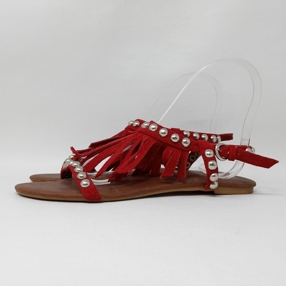 Jeffery Campbell Wink Red Suede Fringe Studded sandals, Women's Size 7. - Picture 3 of 13